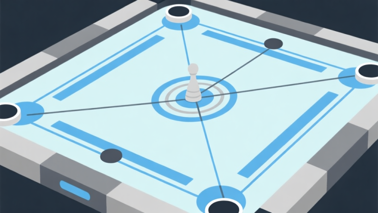 自动生成图片: Ilustrasi abstrak papan carrom digital dengan garis-garis strategis yang menghubungkan bidak, skema warna biru muda dan abu-abu, desain minimal bersih, gaya infografis modern high quality illustration, detailed, 16:9
