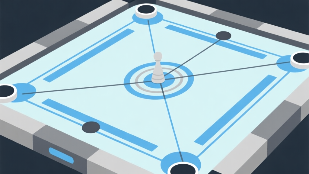Ilustrasi abstrak papan carrom digital dengan garis-garis strategis yang menghubungkan bidak, skema warna biru muda dan abu-abu, desain minimal bersih, gaya infografis modern high quality illustration, detailed, 16:9