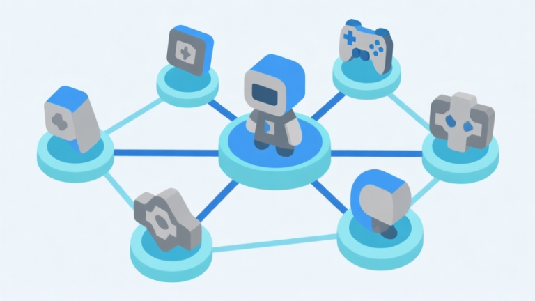 自动生成图片: Ilustrasi diagram jaringan dengan beberapa ikon karakter game abstrak yang saling terhubung oleh garis, skema warna biru muda dan abu-abu, desain minimal bersih, gaya infografis data high quality illustration, detailed, 16:9