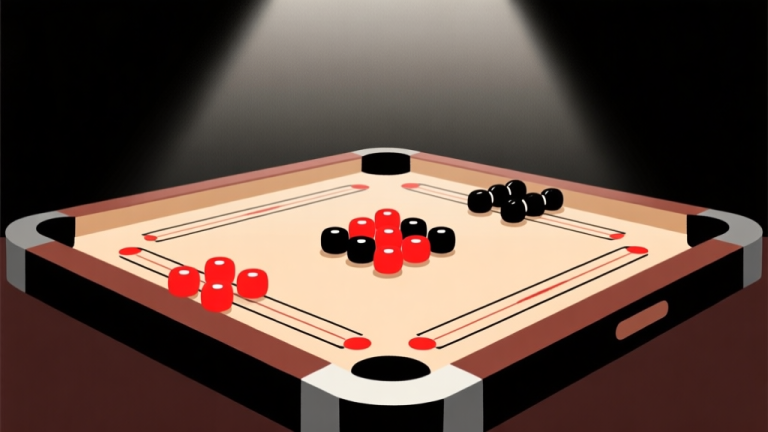 自动生成图片: Ilustrasi minimalis papan carrom dengan bidak-bidak berwarna merah dan hitam tersusun rapi, latar belakang gelap dengan sorotan cahaya dramatis, gaya profesional dan bersih high quality illustration, detailed, 16:9