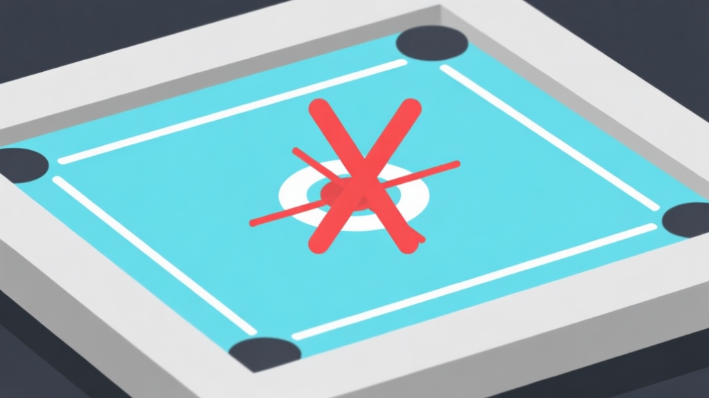 Ilustrasi grafis minimalis papan Carrom online dengan tanda silang merah di atas bidikan yang salah, skema warna biru muda dan abu-abu, desain bersih, gaya visualisasi kesalahan high quality illustration, detailed, 16:9