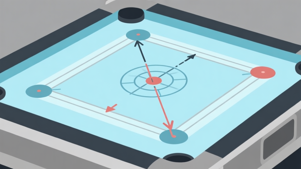 Ilustrasi minimalis papan carrom digital dengan diagram panah menunjukkan sudut bidikan dan pantulan, skema warna biru muda dan abu-abu, gaya desain bersih, konsep analisis permainan high quality illustration, detailed, 16:9