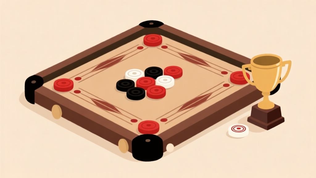 Ilustrasi papan carrom dengan bidak-bidak berwarna merah, hitam, dan putih tersusun rapi di tengah, ditambah dengan piala kecil di sampingnya. Gaya ilustrasi minimalis dengan warna earth tone, latar belakang lembut, fokus pada elemen permainan. high quality illustration, detailed, 16:9