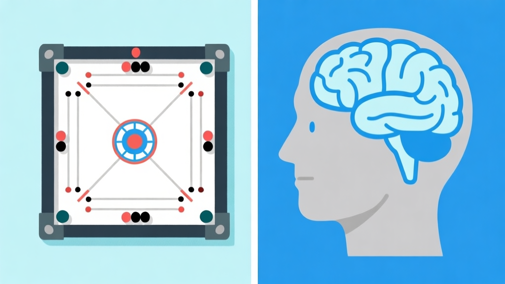 Ilustrasi konsep psikologi olahraga, dua sisi: satu sisi menunjukkan papan carrom dengan bidak tersusun rapi, sisi lain menunjukkan otak manusia dengan simbol fokus dan ketenangan, skema warna biru muda dan abu-abu, desain minimalis bersih high quality illustration, detailed, 16:9