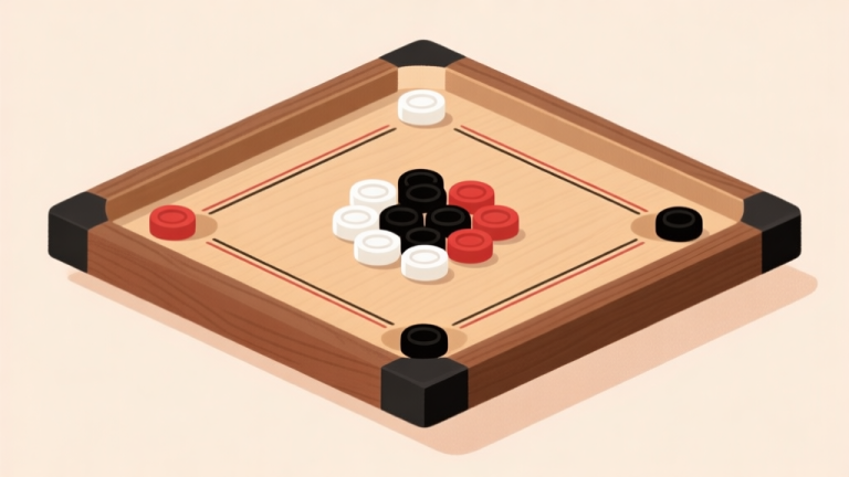 自动生成图片: Ilustrasi minimalis papan carrom kayu dengan bidak-bidak berwarna putih, hitam, dan merah tersusun rapi di tengah, latar belakang lembut, gaya visual bersih dan informatif high quality illustration, detailed, 16:9