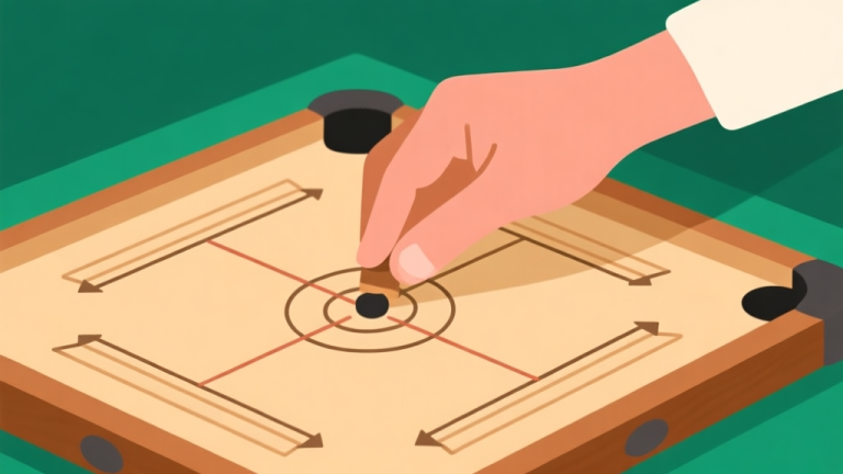 自动生成图片: Ilustrasi minimalis tangan memegang striker di atas papan carrom, dengan garis panduan arah pukulan yang sederhana, skema warna kayu hangat dan hijau lembut, gaya clean vector high quality illustration, detailed, 16:9