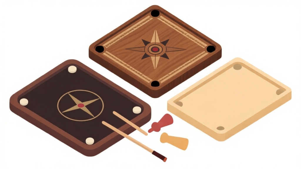 Komposisi minimalis tiga papan carrom dari bahan berbeda (kayu jati gelap, kayu mahoni sedang, MDF terang) dengan striker dan bidak di atasnya, latar belakang putih bersih, gaya ilustrasi datar yang profesional high quality illustration, detailed, 16:9