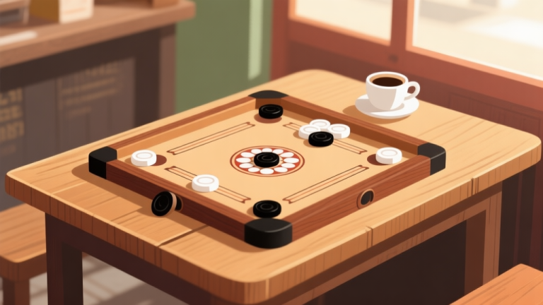 自动生成图片: Ilustrasi minimalis papan carrom kayu tradisional dengan bidak-bidak berwarna putih dan hitam, ditempatkan di atas meja kayu sederhana di warung kopi yang terang, nuansa hangat dan nostalgia, gaya ilustrasi digital clean high quality illustration, detailed, 16:9