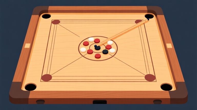 自动生成图片: Ilustrasi minimalis papan carrom dari atas, menunjukkan susunan bidak awal di tengah, striker di garis dasar, dan empat lubang sudut. Warna kayu hangat, desain bersih dan informatif. high quality illustration, detailed, 16:9
