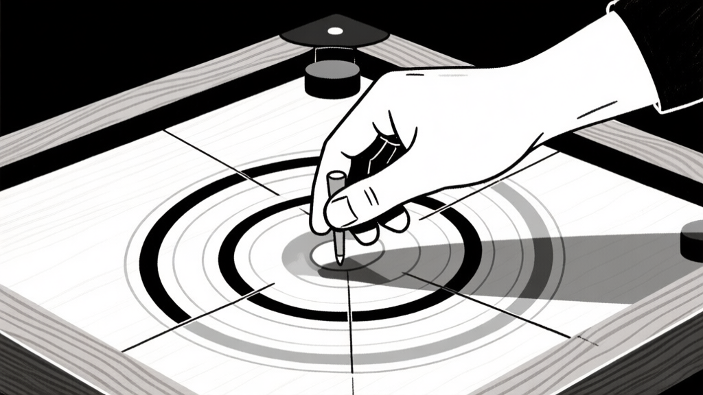 Ilustrasi tangan memegang striker di atas papan carrom dengan garis lintasan yang berbeda-beda (lurus, melengkung, berputar), gaya minimalis, warna kayu dan hitam putih, fokus pada gerakan tangan dan striker high quality illustration, detailed, 16:9