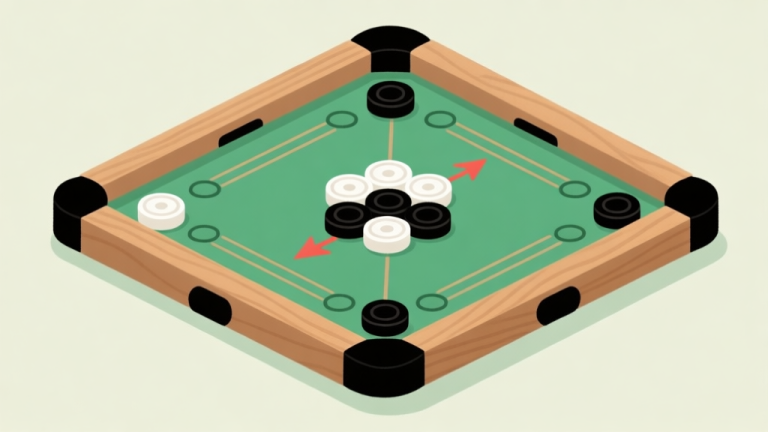 自动生成图片: Ilustrasi papan carrom dengan bidak-bidak putih dan hitam dalam formasi awal, ditambah panah-panah strategis yang menunjukkan arah serangan, gaya minimalis dengan warna kayu dan hijau lembut, konsep permainan papan high quality illustration, detailed, 16:9