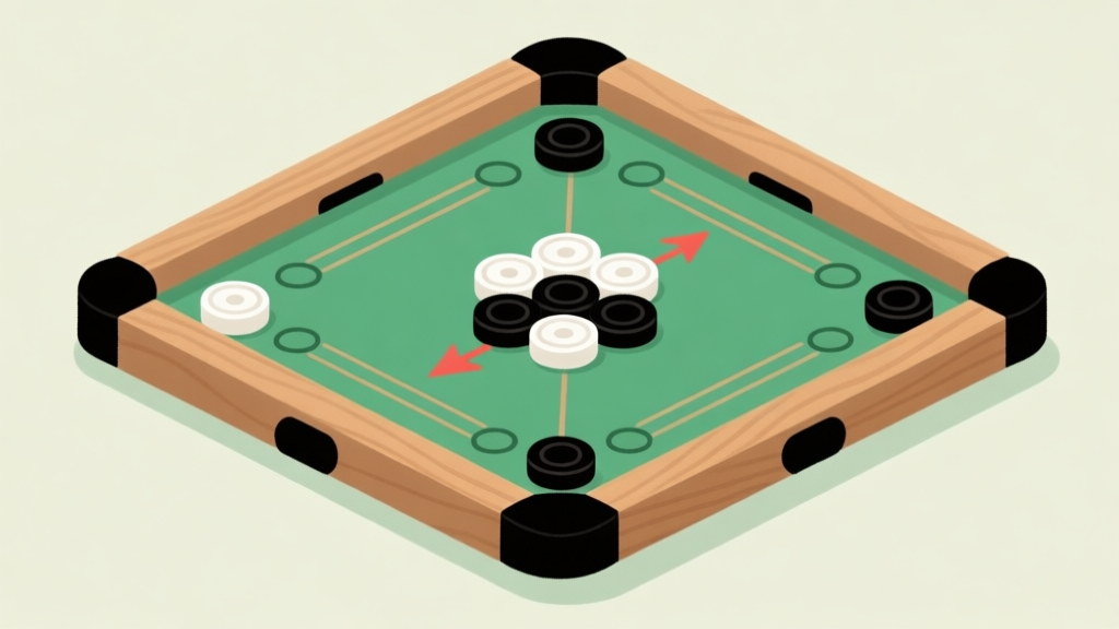 Ilustrasi papan carrom dengan bidak-bidak putih dan hitam dalam formasi awal, ditambah panah-panah strategis yang menunjukkan arah serangan, gaya minimalis dengan warna kayu dan hijau lembut, konsep permainan papan high quality illustration, detailed, 16:9