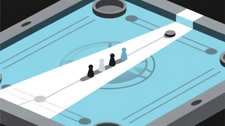 自动生成图片: Ilustrasi abstrak papan carrom dengan jalur cahaya yang menghubungkan bidak-bidak, skema warna biru muda dan abu-abu, desain minimalis bersih, konsep strategi dan koneksi high quality illustration, detailed, 16:9