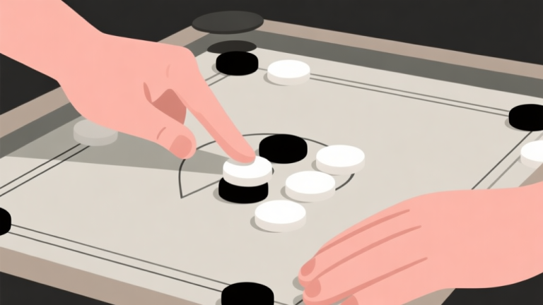 自动生成图片: Ilustrasi minimalis dua tangan di atas papan carrom dengan bidak putih dan hitam tersusun, satu tangan terlihat agresif mendorong striker, yang lain terlihat lebih hati-hati. Skema warna netral dengan aksen lembut, gaya clean vector. high quality illustration, detailed, 16:9