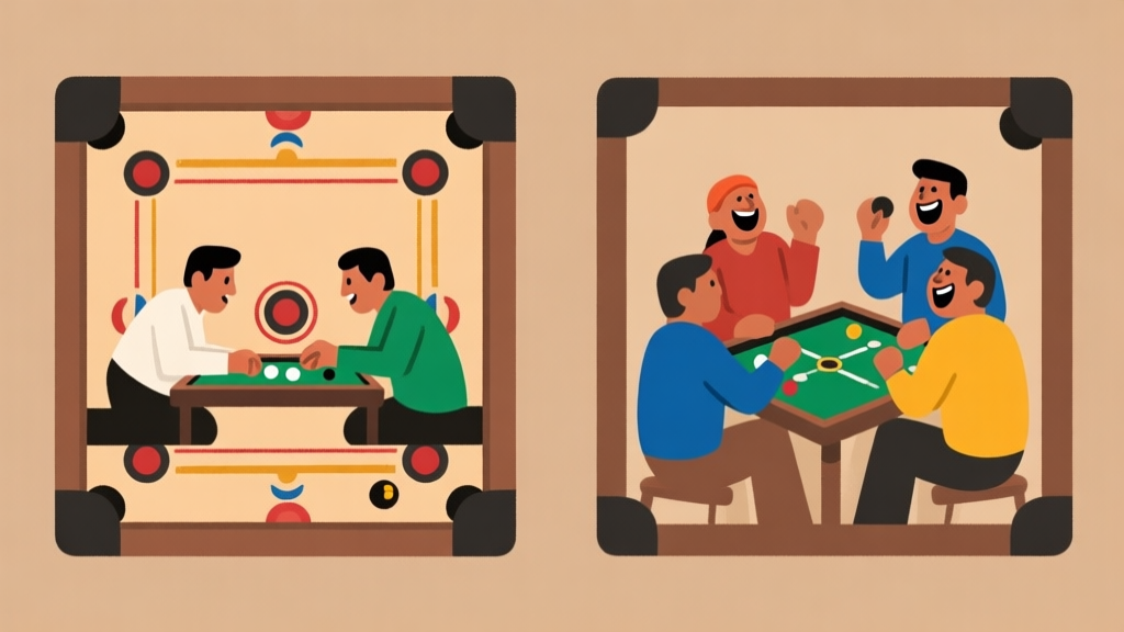 Ilustrasi dua papan carrom yang kontras, satu dengan dua pemain dalam suasana fokus intens, dan satu dengan empat pemain yang sedang tertawa, gaya ilustrasi flat design minimalis dengan warna earth tone high quality illustration, detailed, 16:9