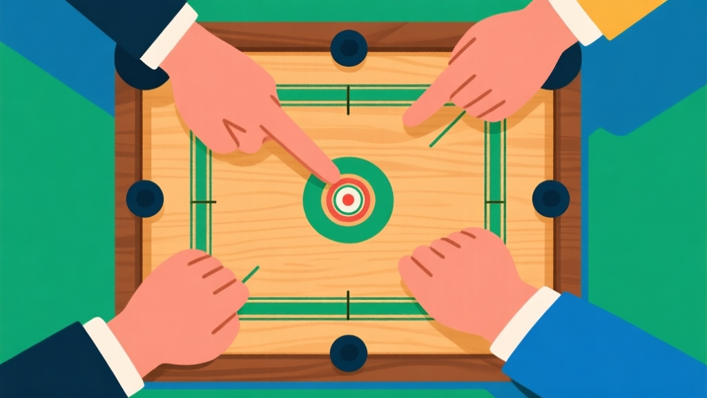 Ilustrasi papan carrom dilihat dari atas dengan empat tangan dari sudut berbeda, satu tangan menunjuk ke bidak tertentu, gaya ilustrasi minimalis dengan warna kayu hangat dan aksen hijau/biru, menunjukkan kerja sama tim high quality illustration, detailed, 16:9