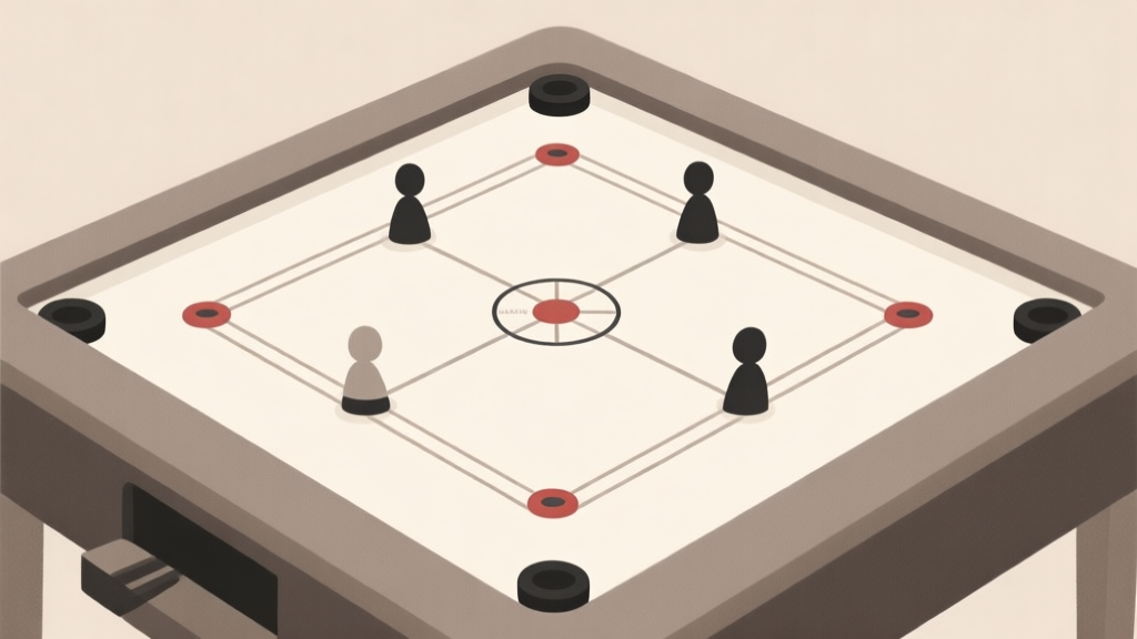 Ilustrasi diagram formasi pemain carrom 4 orang di sekitar meja, menunjukkan pola diamond dan square dengan garis penghubung, gaya minimalis dengan warna netral, latar belakang lembut, komposisi bersih untuk presentasi strategi high quality illustration, detailed, 16:9