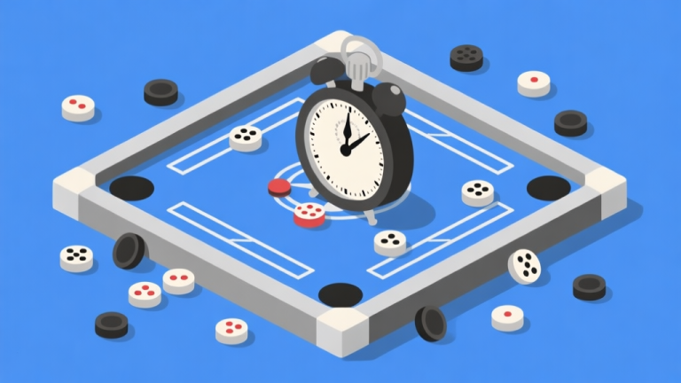 自动生成图片: Ilustrasi digital papan carrom dengan bidak-bidak berantakan dan jam pasir besar di atasnya, menunjukkan tekanan waktu, gaya flat design dengan warna biru dan abu-abu, minimalis high quality illustration, detailed, 16:9