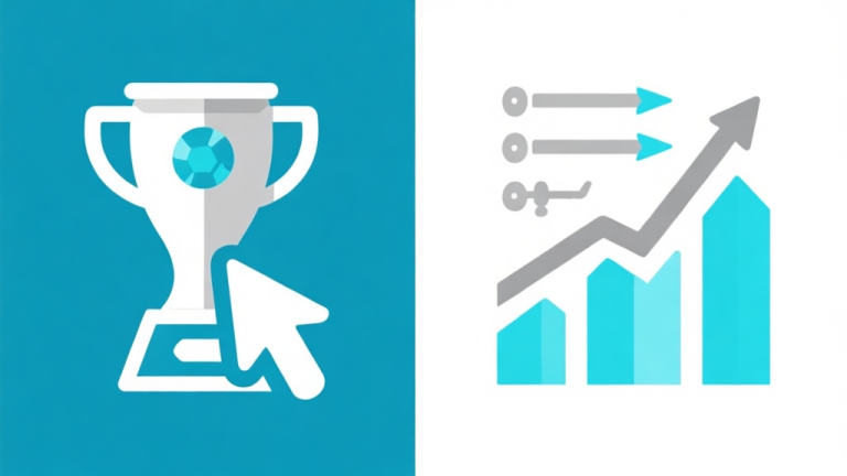 自动生成图片: Ilustrasi minimalis dua sisi kontras: satu sisi menunjukkan ikon piala turnamen dengan panah tekanan, sisi lain menunjukkan ikon panah berulang latihan dengan grafik pertumbuhan naik, skema warna biru muda dan abu-abu, desain bersih, gaya infografis high quality illustration, detailed, 16:9