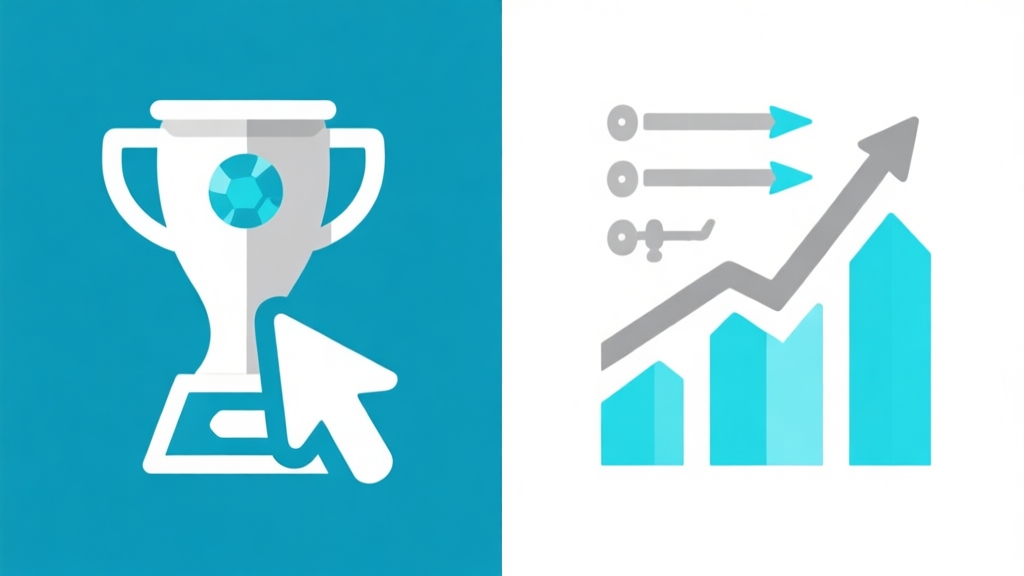 Ilustrasi minimalis dua sisi kontras: satu sisi menunjukkan ikon piala turnamen dengan panah tekanan, sisi lain menunjukkan ikon panah berulang latihan dengan grafik pertumbuhan naik, skema warna biru muda dan abu-abu, desain bersih, gaya infografis high quality illustration, detailed, 16:9