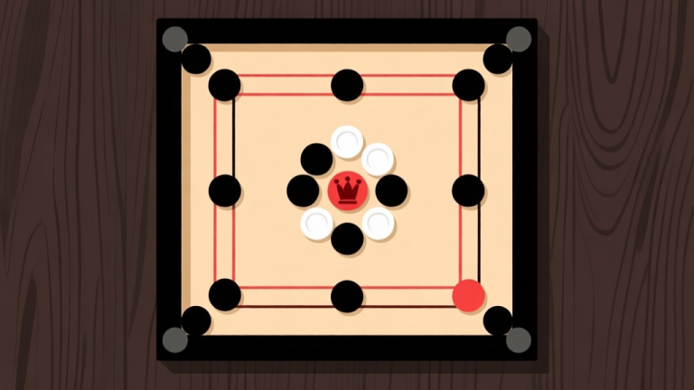 自动生成图片: Ilustrasi minimalis papan carrom dengan bidak-bidak berwarna hitam, putih, dan merah (queen) tersusun rapi di tengah, latar belakang kayu gelap, gaya infografis yang bersih high quality illustration, detailed, 16:9
