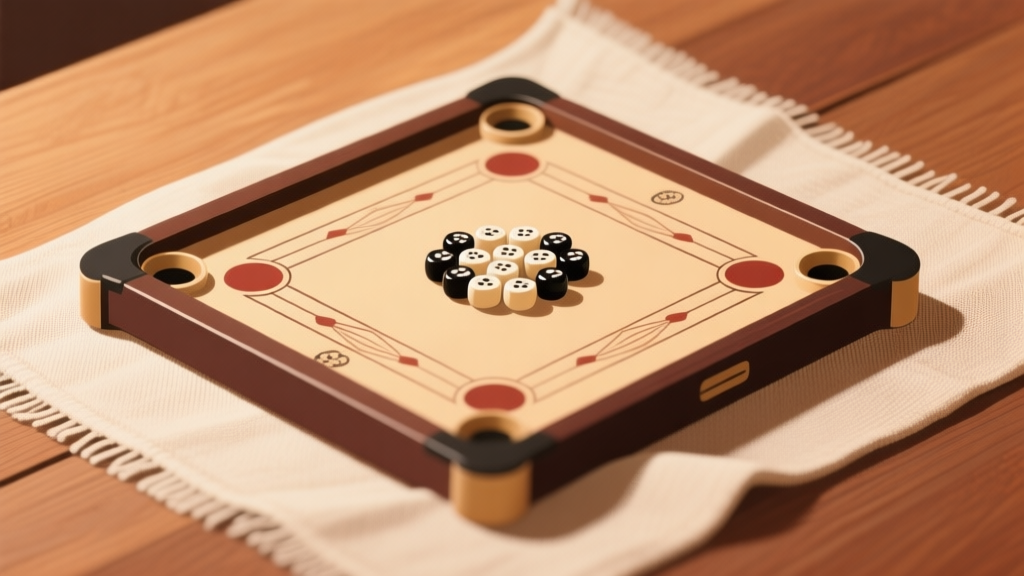 Ilustrasi minimalis papan carrom dengan biji-biji yang tersusun rapi di atas kain permukaan yang halus, ditampilkan dari sudut atas, latar belakang kayu hangat, gaya fotografi produk yang bersih high quality illustration, detailed, 16:9