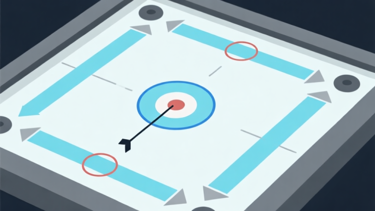 自动生成图片: Ilustrasi diagram strategi carrom dengan panah dan lingkaran menunjukkan pergerakan bidikan, skema warna biru muda dan abu-abu, gaya minimalis, latar papan carrom digital high quality illustration, detailed, 16:9