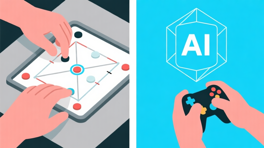 Ilustrasi minimalis dua sisi: satu sisi menunjukkan dua tangan manusia bermain carrom di papan digital, sisi lain menunjukkan tangan manusia bermain melawan representasi AI berupa garis geometris, skema warna biru muda dan abu-abu, desain bersih high quality illustration, detailed, 16:9
