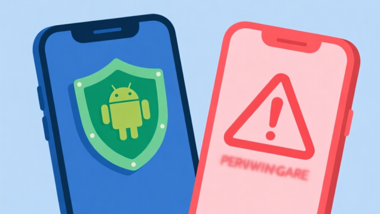 自动生成图片: Ilustrasi kontras antara ponsel Android yang aman dengan ikon perisai hijau dan ponsel yang terinfeksi malware dengan ikon peringatan merah, latar belakang sederhana, gaya flat design, skema warna biru dan merah muda lembut high quality illustration, detailed, 16:9