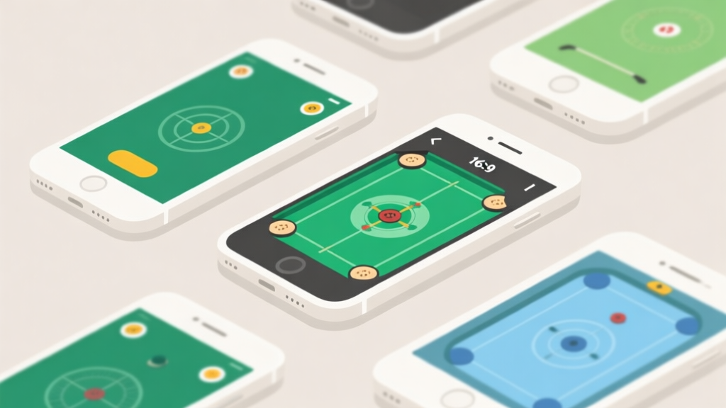 Ilustrasi minimalis beberapa ponsel dengan layar menampilkan antarmuka game Carrom yang berbeda-beda, skema warna netral dengan aksen hijau dan biru muda, desain bersih dan modern high quality illustration, detailed, 16:9