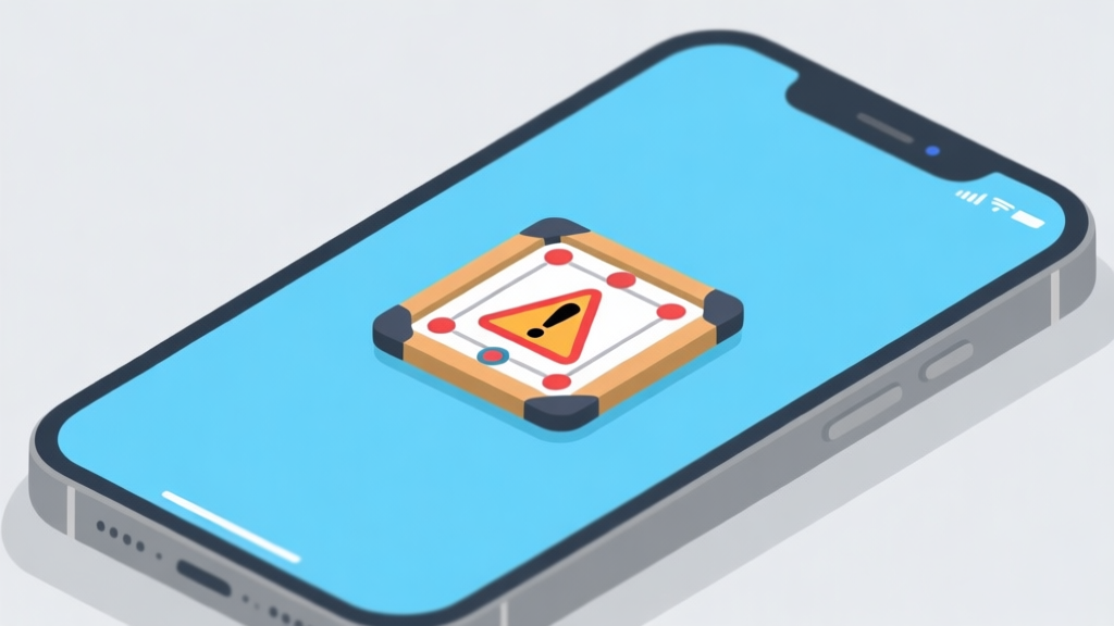 Ilustrasi ponsel dengan ikon game carrom di layar, ditimpa simbol peringatan panas dan lambat, skema warna biru muda dan abu-abu, desain minimal bersih, gaya infografis high quality illustration, detailed, 16:9