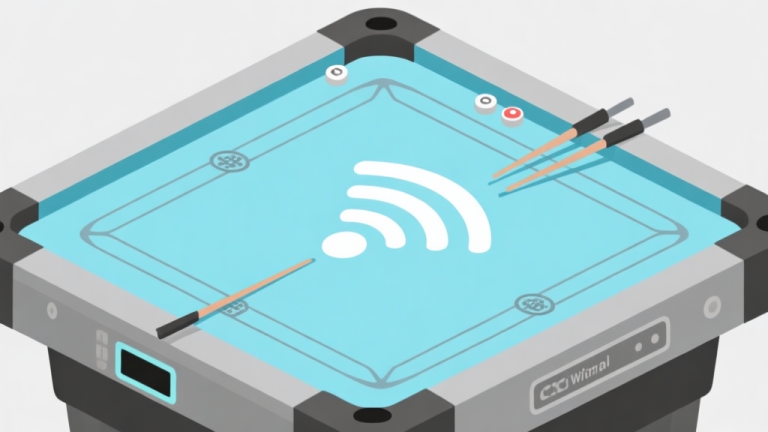 自动生成图片: Ilustrasi abstrak dari sinyal Wi-Fi yang terputus-putus dan papan Carrom digital, dengan warna biru muda dan abu-abu, gaya minimalis bersih, menggambarkan konsep koneksi yang tidak stabil dalam game high quality illustration, detailed, 16:9