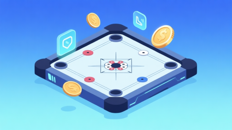 自动生成图片: Ilustrasi minimalis papan carrom digital dengan sentuhan futuristik, latar belakang gradient biru muda, koin carrom bersinar, dan ikon fitur baru mengambang di sekitarnya, gaya desain bersih dan modern high quality illustration, detailed, 16:9