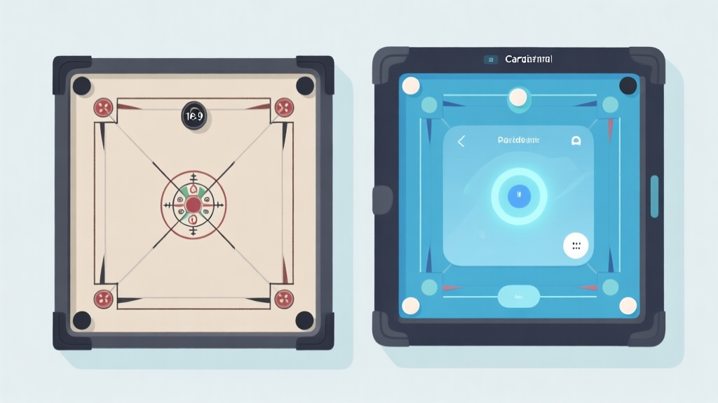 Ilustrasi perbandingan dua papan carrom digital side-by-side, satu dengan tampilan klasik sederhana dan satu dengan efek visual modern dan UI yang bersih, skema warna netral dengan aksen biru muda, gaya minimalis profesional high quality illustration, detailed, 16:9