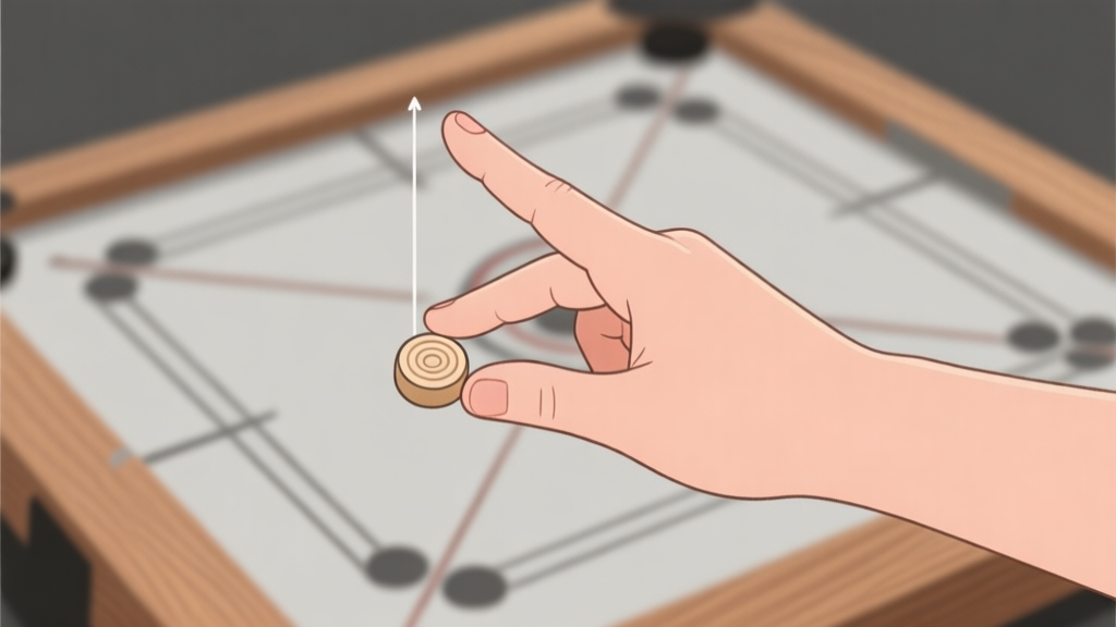 Ilustrasi diagram tangan memegang striker carrom dengan benar, menunjukkan posisi jari dan sudut, latar belakang papan carrom blur, gaya garis bersih minimalis, skema warna kayu dan abu-abu lembut high quality illustration, detailed, 16:9