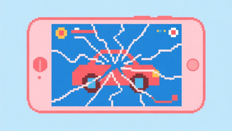 自动生成图片: Ilustrasi grafis minimalis yang menunjukkan ponsel dengan layar game Carrom yang pecah menjadi piksel-piksel besar dan garis-garis bergelombang yang mewakili koneksi jaringan tidak stabil, skema warna biru dan merah muda pucat, gaya datar dan bersih high quality illustration, detailed, 16:9