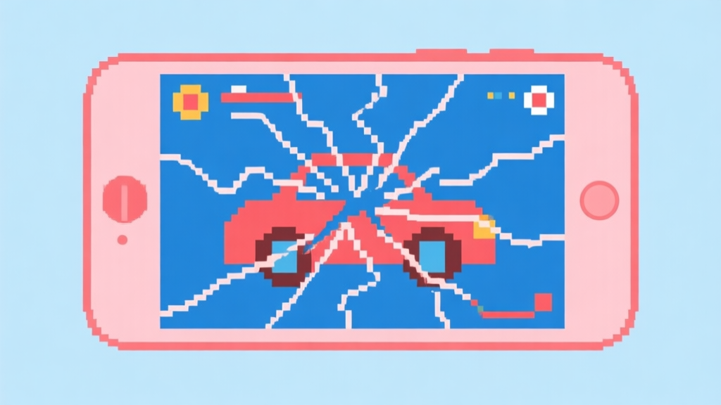 Ilustrasi grafis minimalis yang menunjukkan ponsel dengan layar game Carrom yang pecah menjadi piksel-piksel besar dan garis-garis bergelombang yang mewakili koneksi jaringan tidak stabil, skema warna biru dan merah muda pucat, gaya datar dan bersih high quality illustration, detailed, 16:9