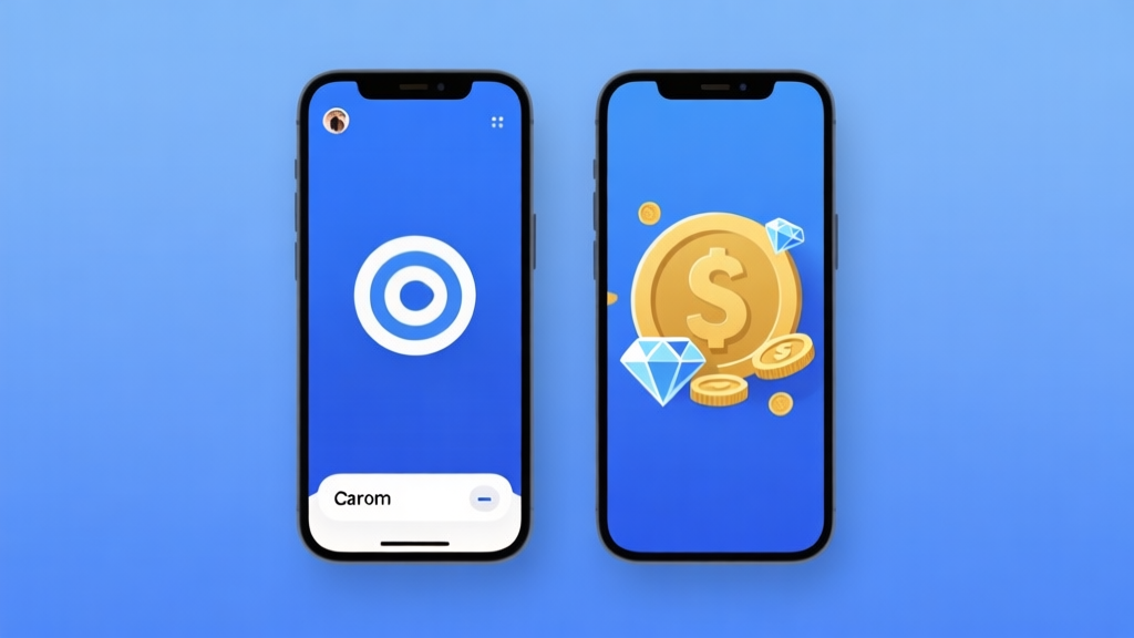 Ilustrasi minimalis dua ponsel berdampingan, satu menampilkan antarmuka Carrom biasa, yang lain dengan ikon koin dan berlian berlimpah, skema warna biru dan emas, desain bersih, gaya infografis high quality illustration, detailed, 16:9