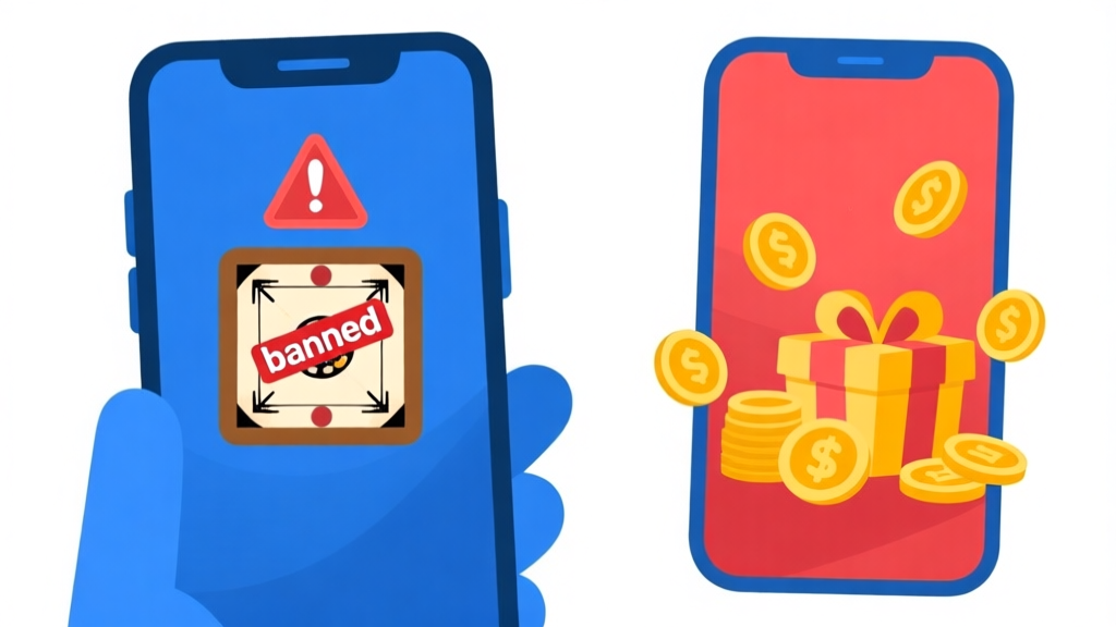 Ilustrasi kontras antara dua sisi: satu sisi menunjukkan ponsel dengan ikon peringatan "banned" di atas game Carrom, sisi lain menunjukkan ponsel dengan koin dan hadiah yang melimpah. Gaya flat design, warna biru dan merah sebagai aksen, latar belakang putih bersih. high quality illustration, detailed, 16:9