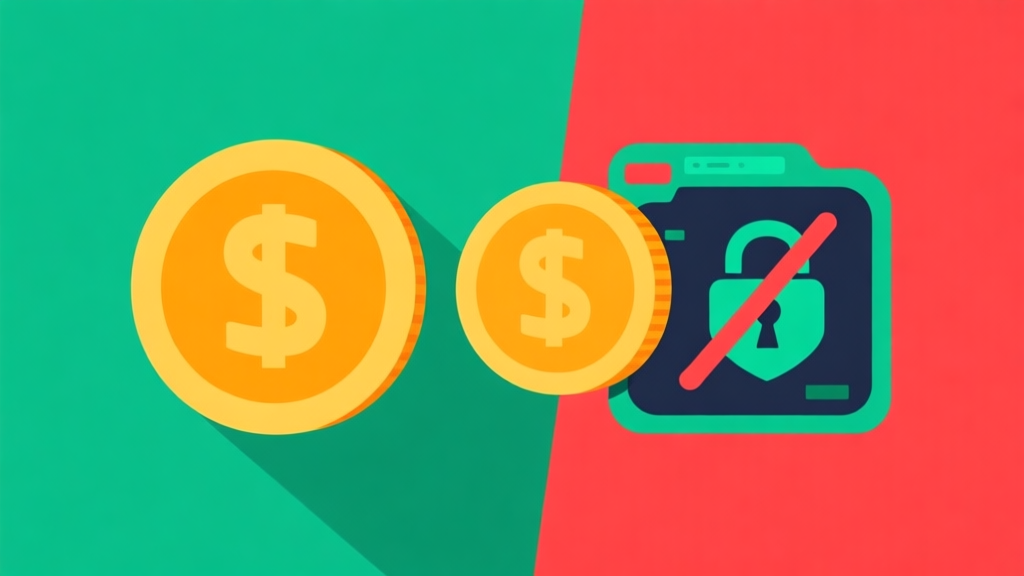 Ilustrasi kontras antara iklan generator koin game yang menjanjikan dengan peringatan keamanan digital, menggunakan skema warna merah dan hijau yang berlawanan, gaya flat design, komposisi minimalis high quality illustration, detailed, 16:9