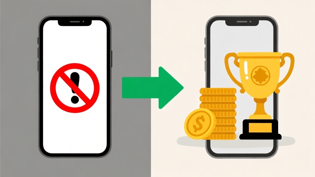 Ilustrasi kontras antara dua sisi: satu sisi menunjukkan ponsel dengan ikon peringatan "banned" berwarna merah, sisi lain menunjukkan ponsel dengan koin Carrom bertumpuk dan piala, dengan panah hijau di antaranya, gaya minimalis, warna netral high quality illustration, detailed, 16:9