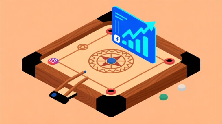 自动生成图片: Ilustrasi grafis minimalis yang menggabungkan papan carrom kayu tradisional dengan elemen digital seperti grafik tren naik dan ikon media sosial, skema warna hangat dengan sentuhan biru digital, gaya flat design yang bersih high quality illustration, detailed, 16:9