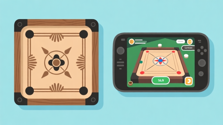 自动生成图片: Ilustrasi minimalis dua sisi: satu sisi papan carrom kayu klasik di warung kopi, sisi lain layar gadget dengan antarmuka game carrom digital, skema warna earth tone dan biru muda, desain bersih, gaya infografis high quality illustration, detailed, 16:9