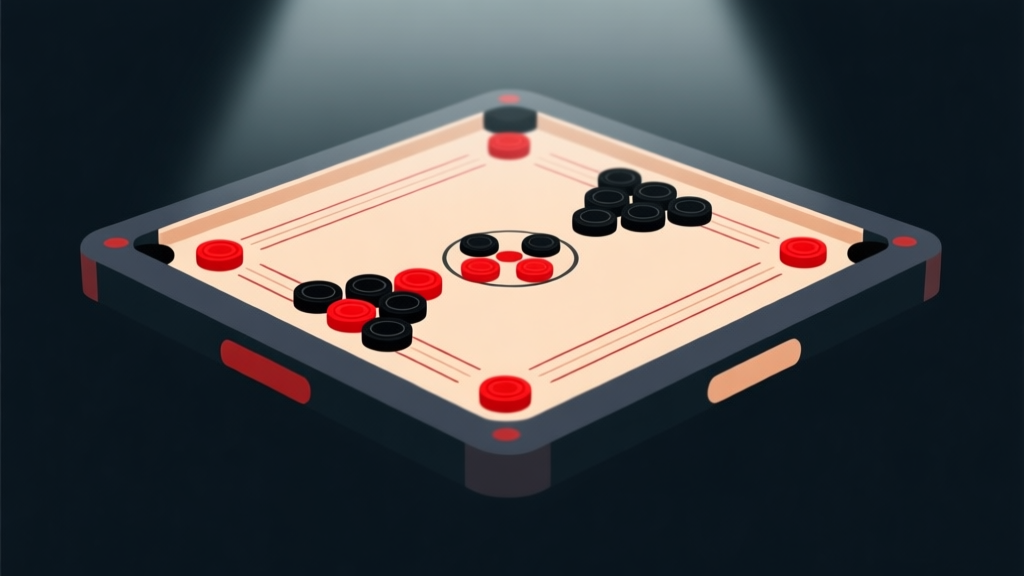 Ilustrasi papan carrom digital dengan bidak-bidak berwarna merah dan hitam tersusun rapi, latar belakang gelap dengan sorotan cahaya lembut, gaya minimalis clean, visualisasi konsep strategi permainan high quality illustration, detailed, 16:9