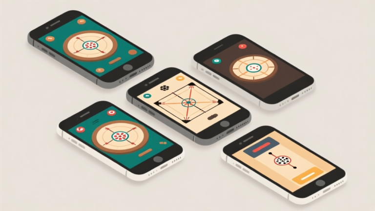 自动生成图片: Ilustrasi minimalis beberapa ponsel dengan layar menampilkan antarmuka game Carrom yang berbeda-beda, disusun rapi dengan latar belakang netral, desain bersih dan profesional high quality illustration, detailed, 16:9