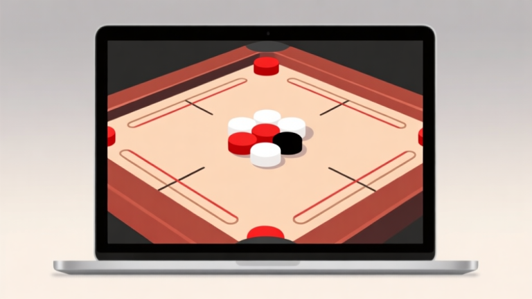 自动生成图片: Ilustrasi minimalis papan carrom digital dengan bidak berwarna merah, putih, dan hitam di atasnya, ditampilkan di layar laptop, latar belakang lembut dengan gradasi abu-abu muda, desain bersih dan modern high quality illustration, detailed, 16:9