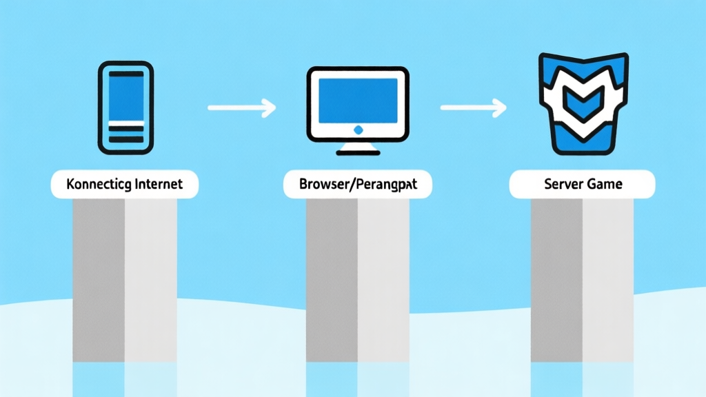 Ilustrasi diagram sederhana dengan tiga pilar bertuliskan Koneksi Internet, Browser/Perangkat, dan Server Game, dengan ikon terkait, skema warna biru muda dan abu-abu, desain minimalis bersih high quality illustration, detailed, 16:9