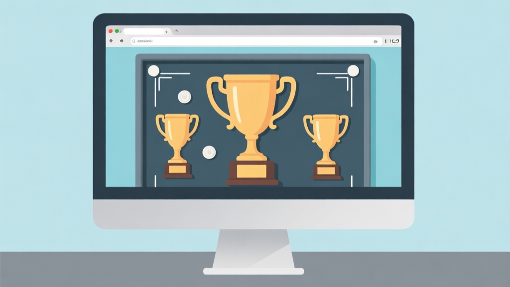 Ilustrasi minimalis tiga piala dengan latar belakang papan carrom digital yang terlihat di layar browser komputer, warna netral biru muda dan abu-abu, gaya flat design yang bersih high quality illustration, detailed, 16:9