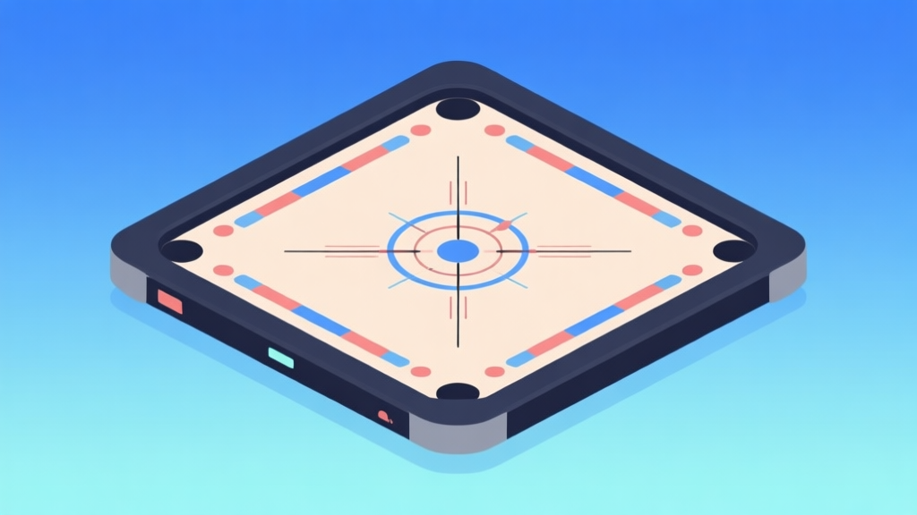 Ilustrasi minimalis papan carrom digital dengan bidikan abstrak, latar belakang gradient biru muda, gaya desain bersih, konsep game online modern high quality illustration, detailed, 16:9