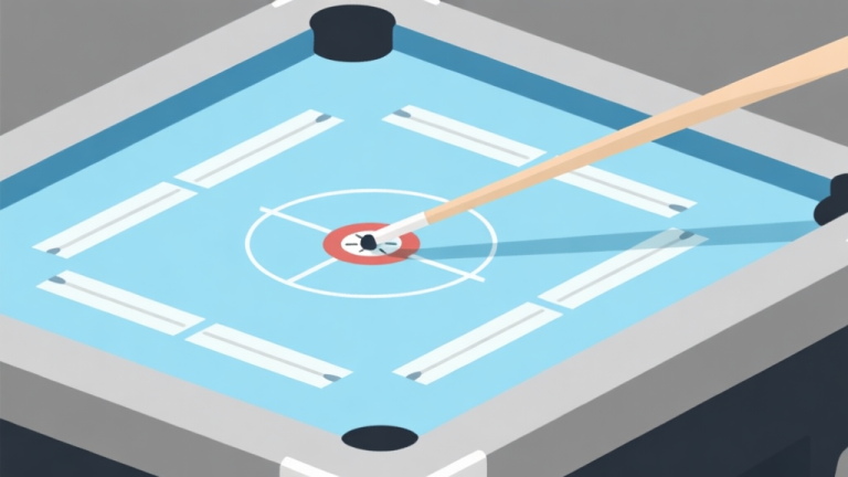 自动生成图片: Ilustrasi minimalis papan carrom digital dengan bidikan yang menyoroti jalur striker, skema warna biru muda dan abu-abu, desain bersih, gaya visual untuk konsep latihan fokus high quality illustration, detailed, 16:9